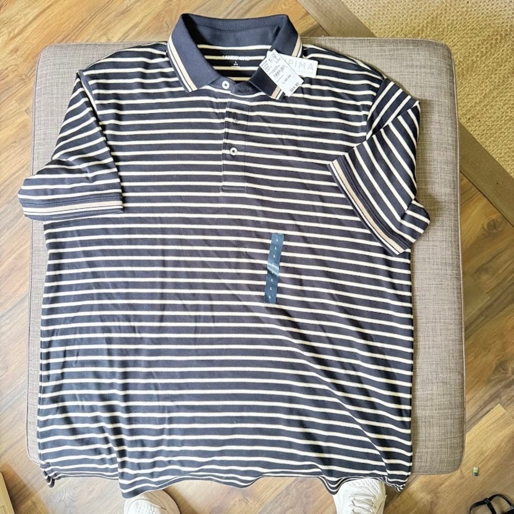 Lands End Mens Supima Cotton Polo Shirt Black Almond Stripe L 42-44 NEW